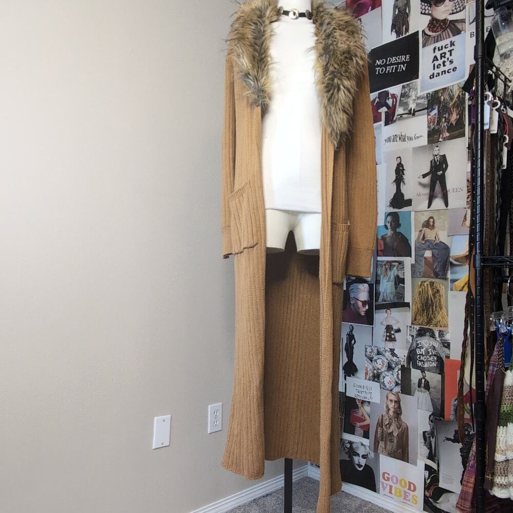 Faux Fur Collar Ribbed Knit Duster Cardigan